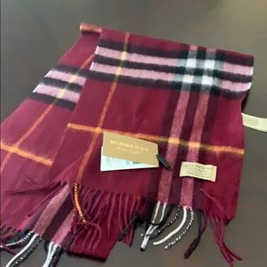 Burberry check cashmere fringe scarf maroon nwt